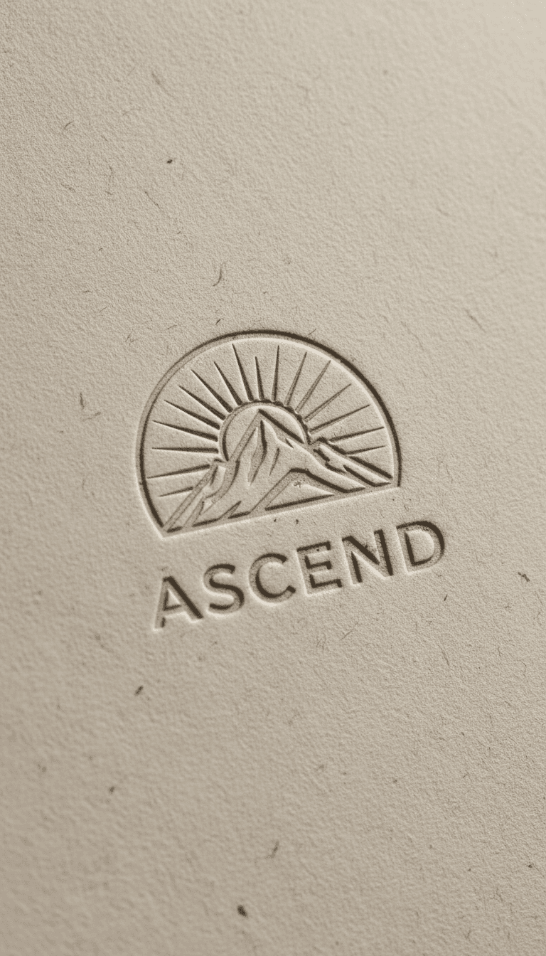 Close-up of embossed logo on textured paper
