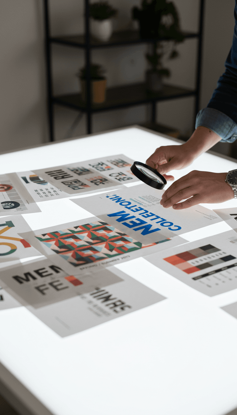 Designer hands arranging print proofs
