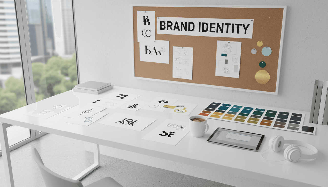 Brand identity design workspace with logo sketches and color swatches