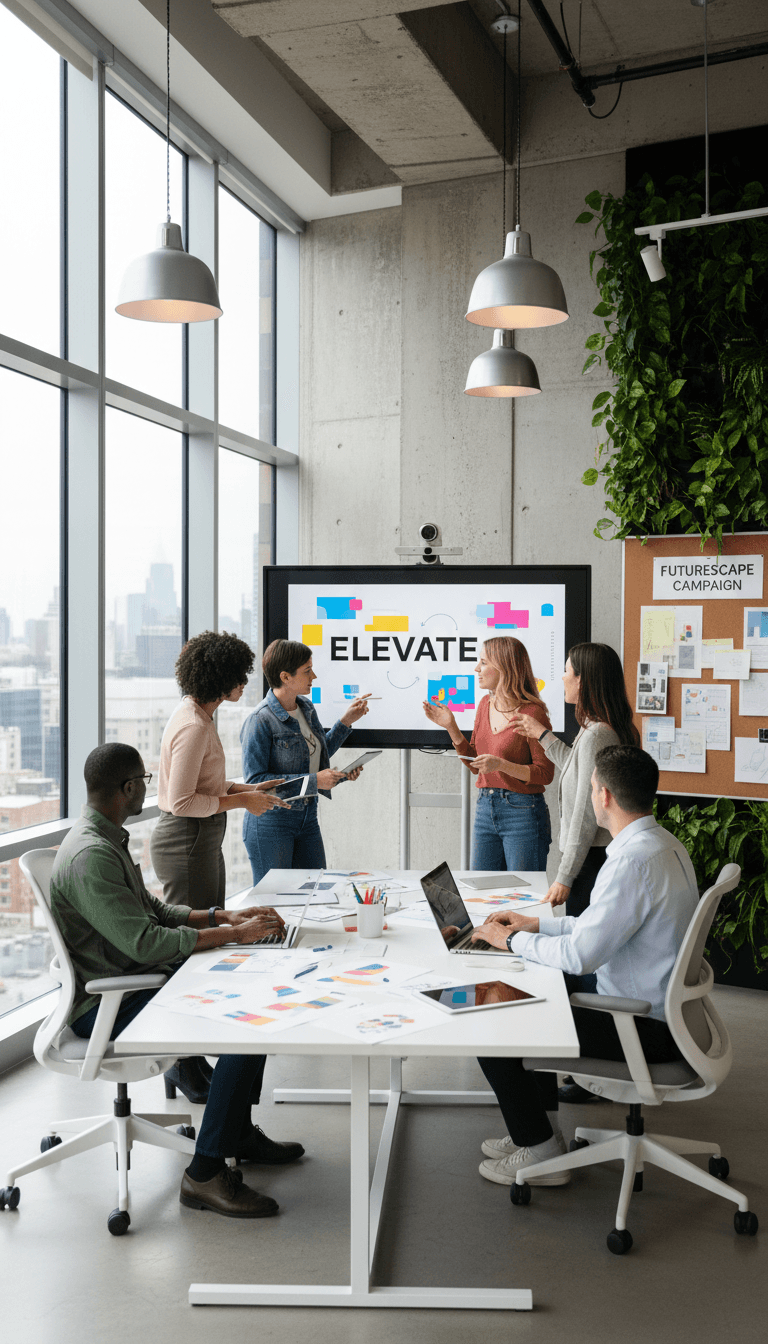 Creative team brainstorming campaign visuals