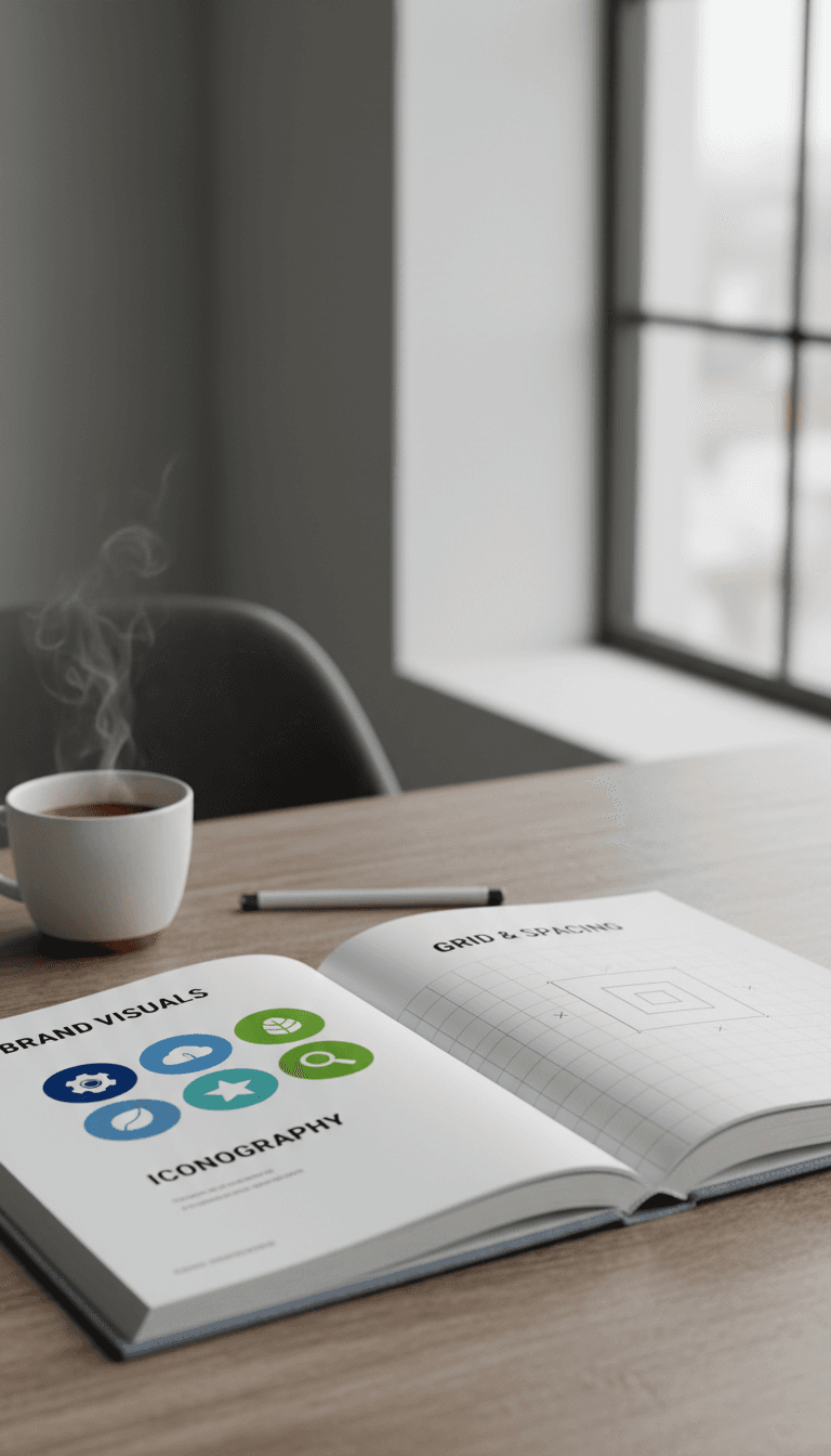 Brand guidelines book with icons and grid layout
