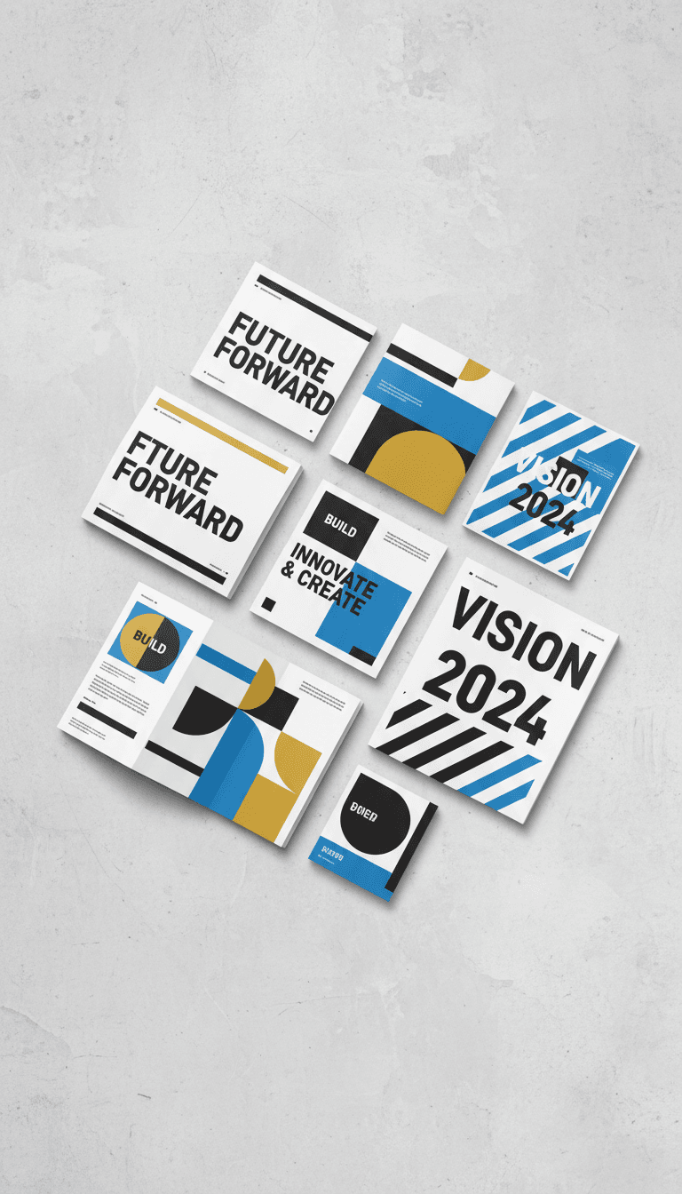 Flat lay of printed brochures and flyers with modern layout