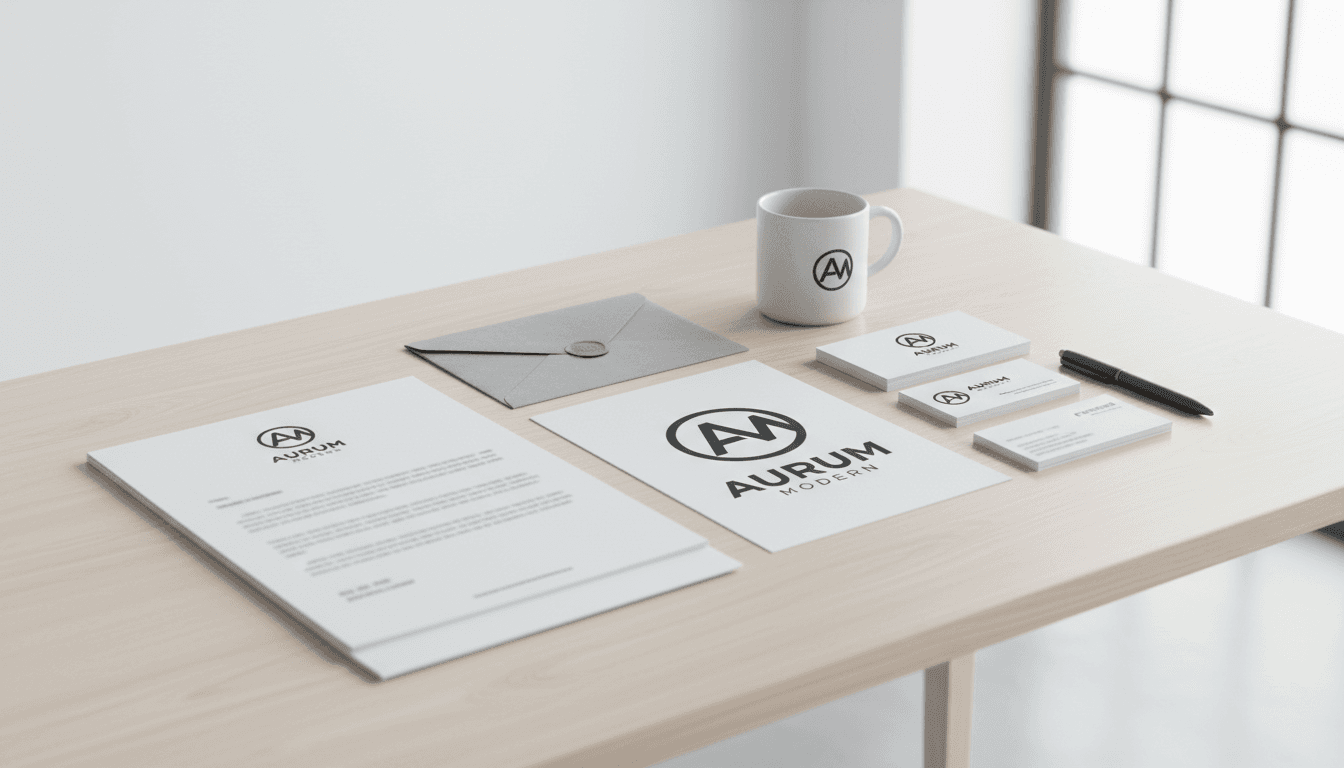 Brand identity design mockup with logo and stationery on clean modern table in bright studio