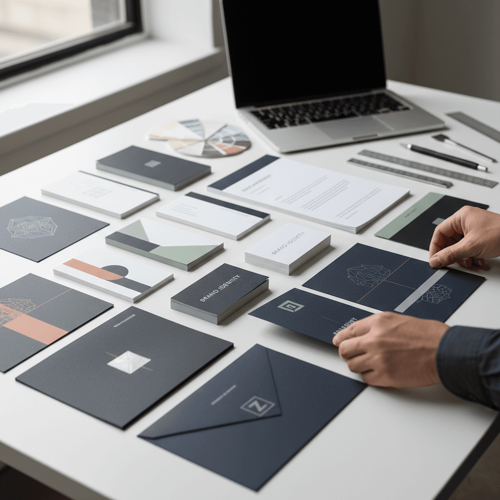 Flat lay of brand identity stationery with business cards and letterhead