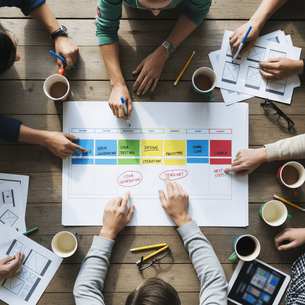 Creative team meeting around a table with notebooks