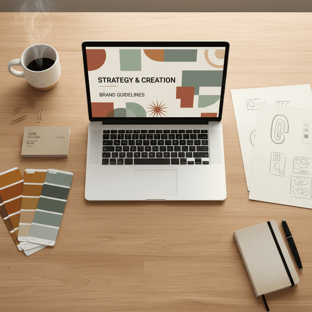 Brand identity concept sketches and color palette studies laid out on a studio desk