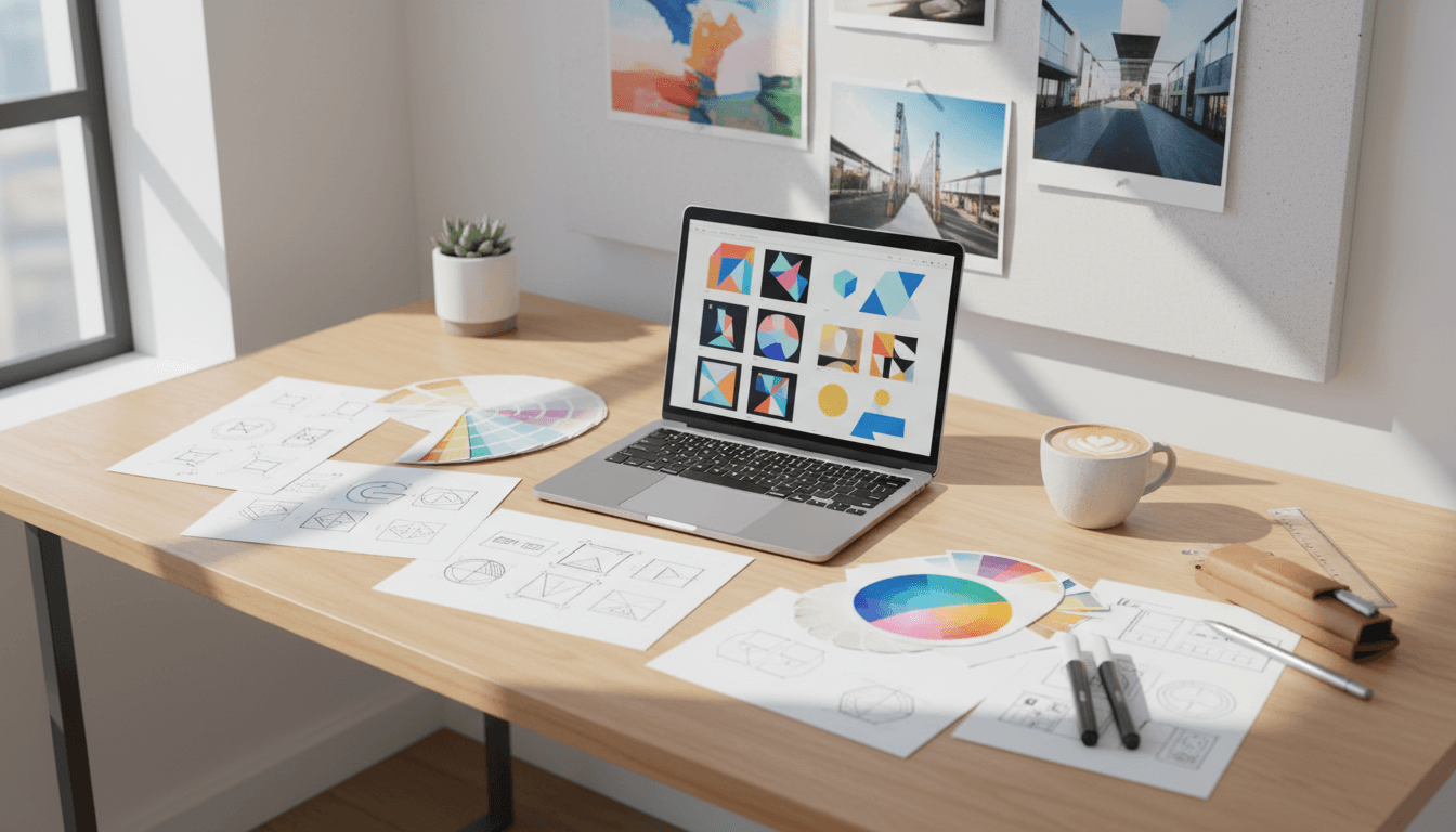 Designer's workspace with brand identity sketches and color swatches