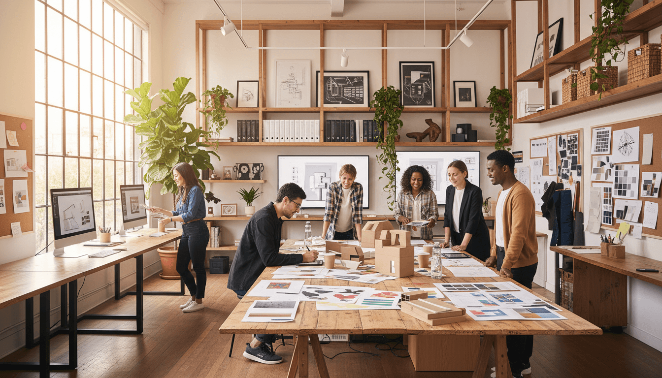 Modern creative studio workspace with designers collaborating around a table