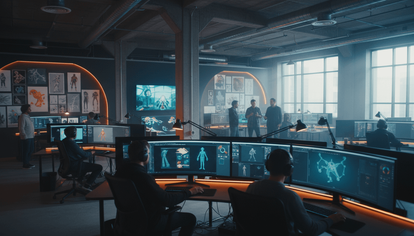 Animated logo storyboard frames shown across a large display in a dark studio