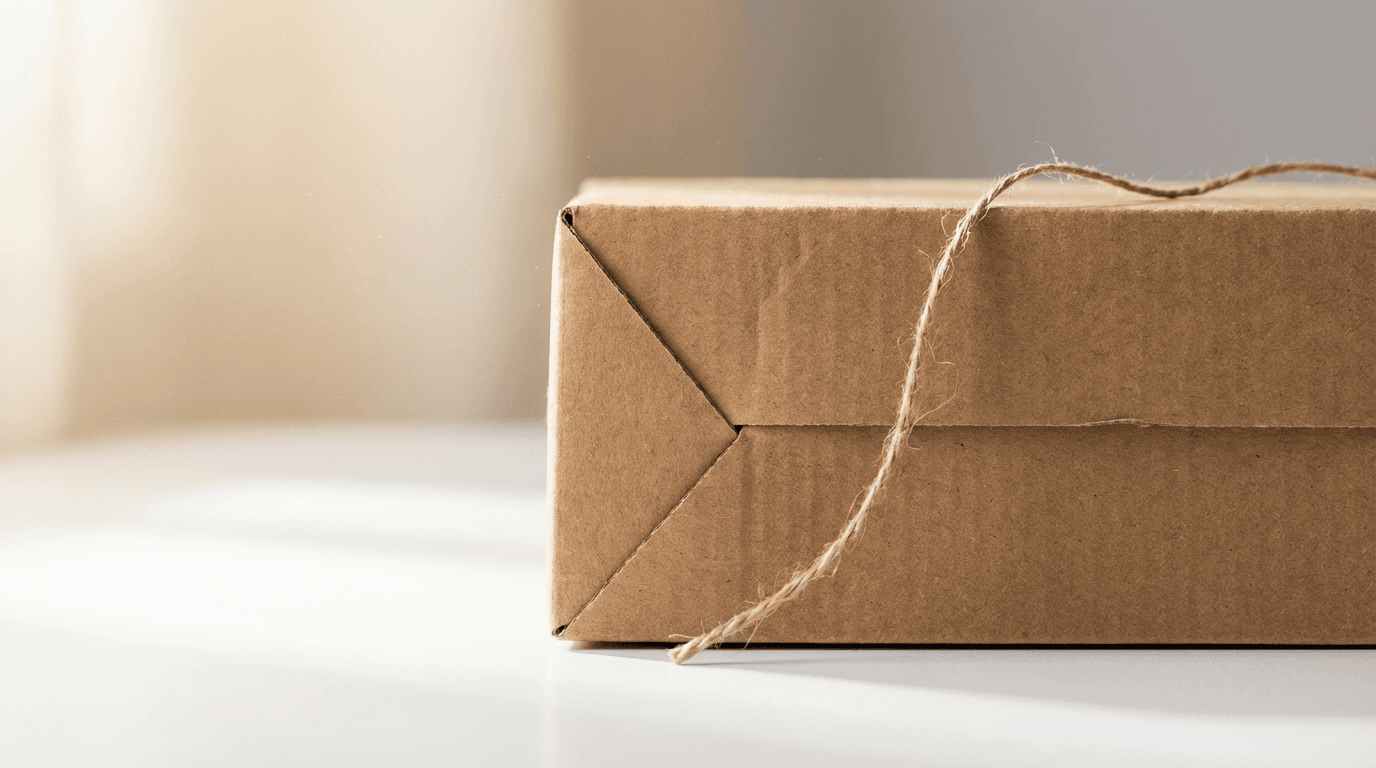 Retail packaging design mockup displayed on a simple shelf with soft lighting
