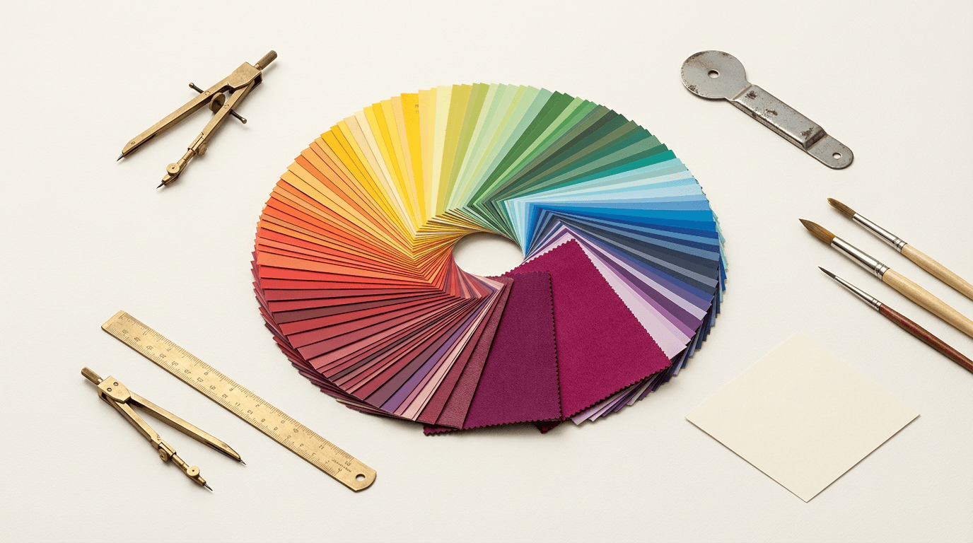 Graphic designer reviewing color palette swatches in a bright studio