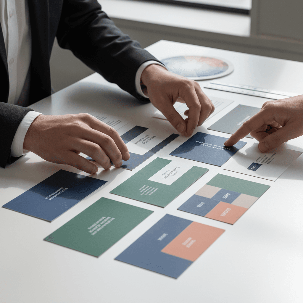Designer reviewing printed business cards and stationery