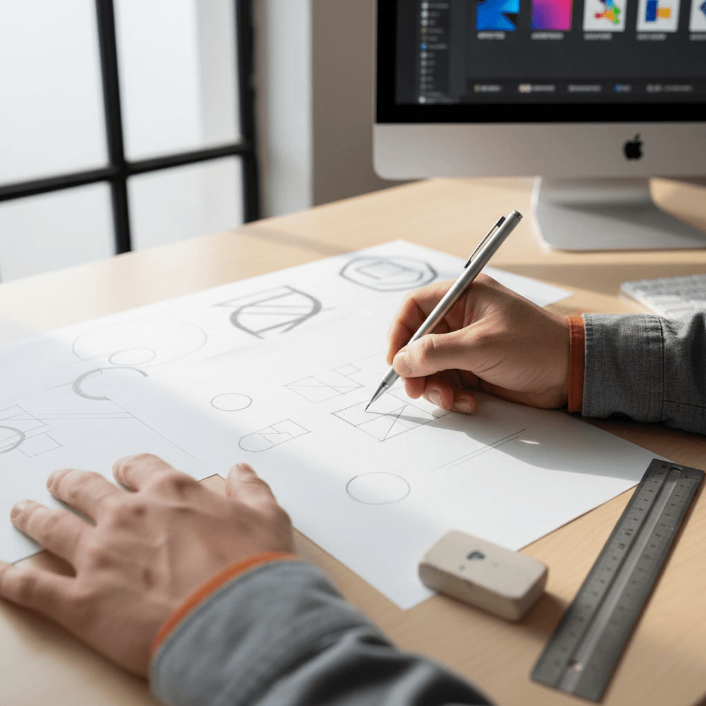 Designer sketching logo concepts on paper at a studio desk