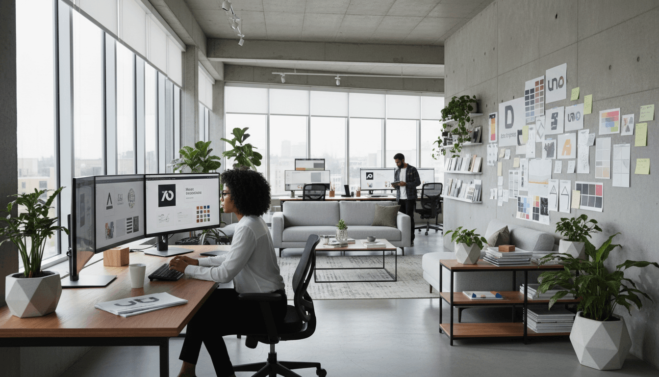 Design studio desk with brand identity mockups, color swatches, and printed marketing materials