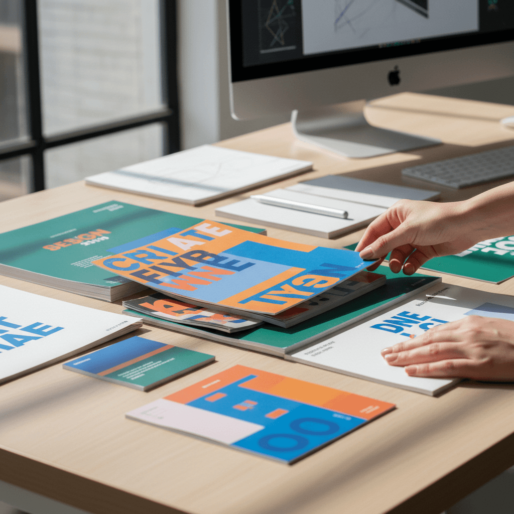 Printed brand collateral, business cards and brochures, arranged for a client review