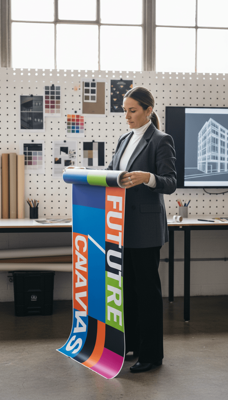 Designer reviewing a full-scale poster mockup pinned to a studio wall