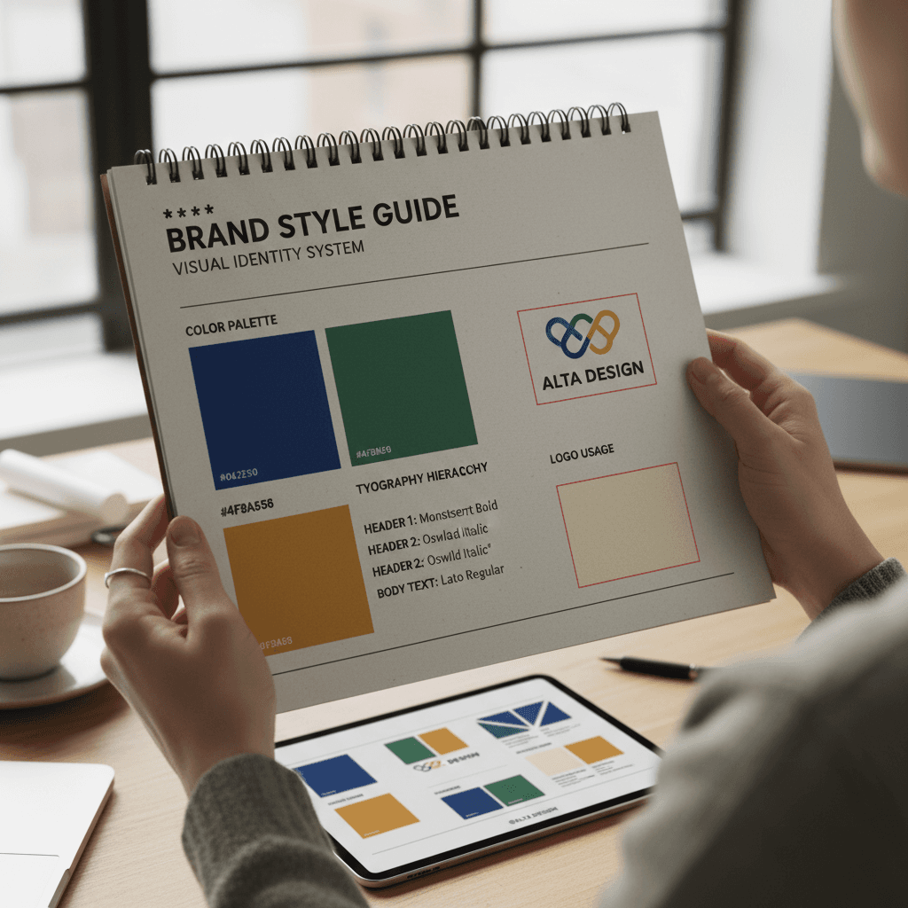 Open brand guideline document showing color palette and typography examples on a table
