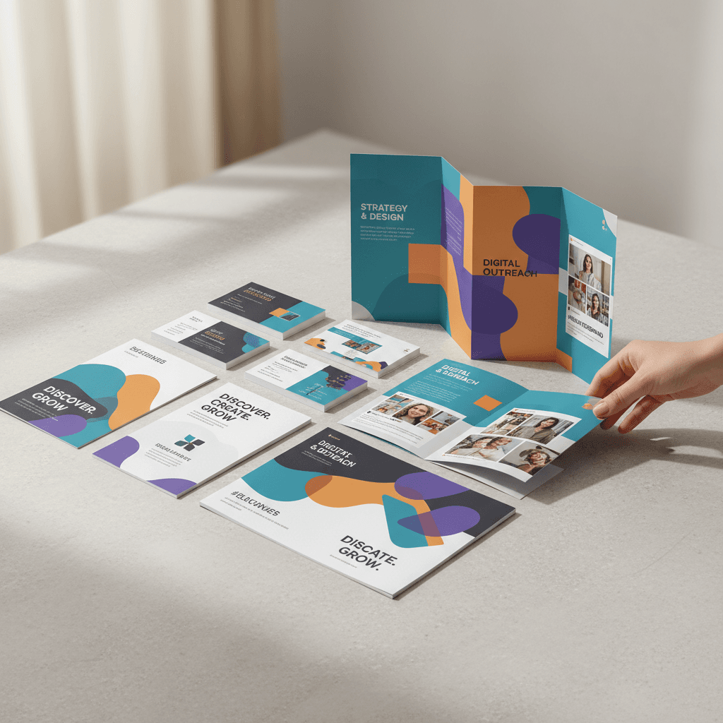Stack of printed marketing materials with matching logo and colors