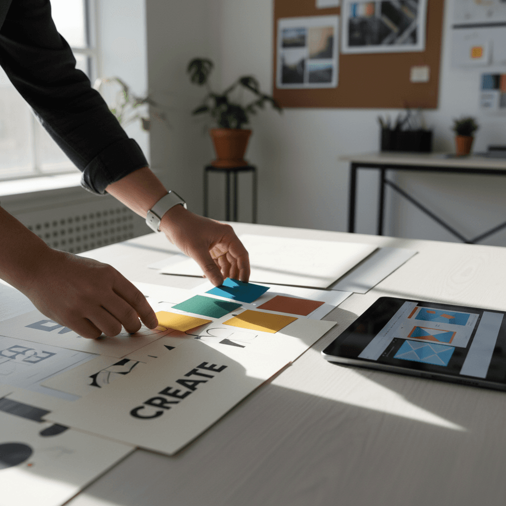 Graphic designer arranging typography and colors on screen