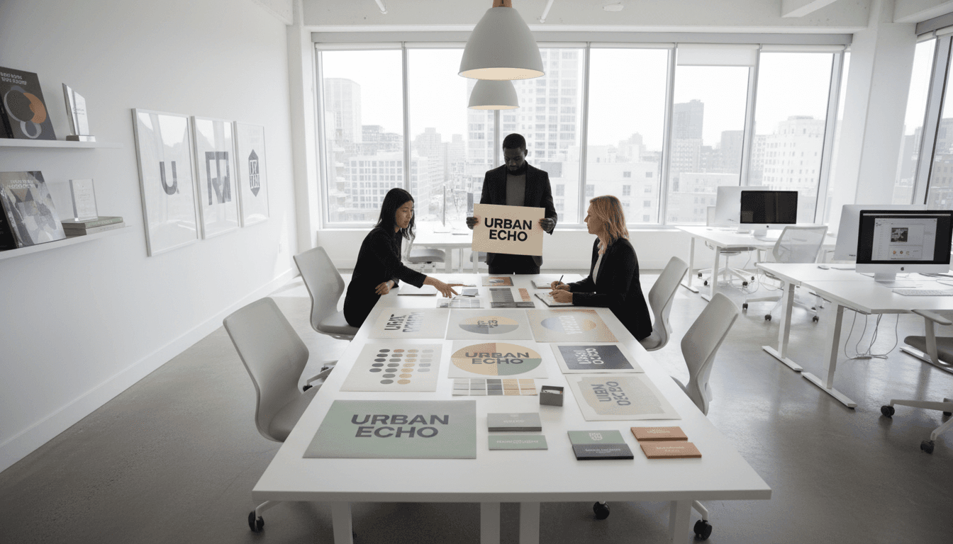Designer reviewing brand identity concepts at a studio desk with color swatches