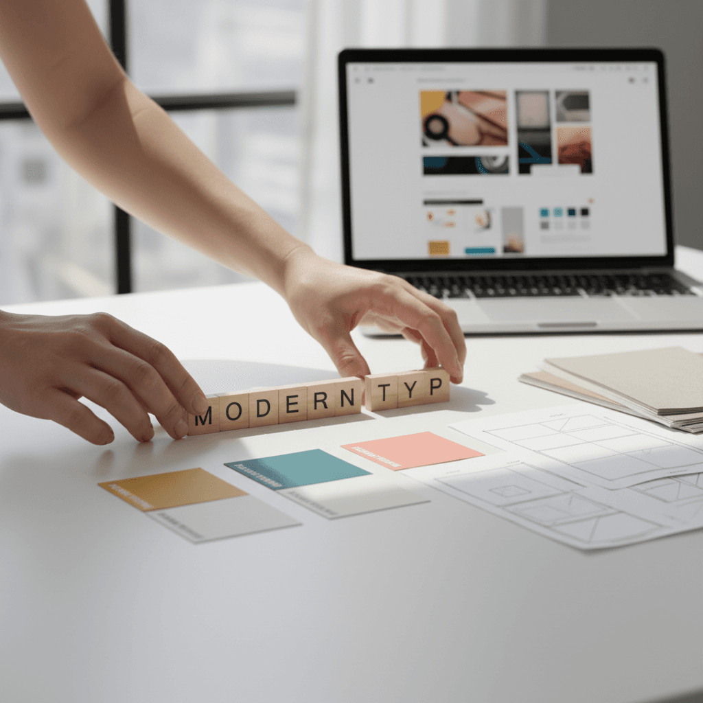 Designer reviewing brand identity mockups and color swatches at a clean studio desk