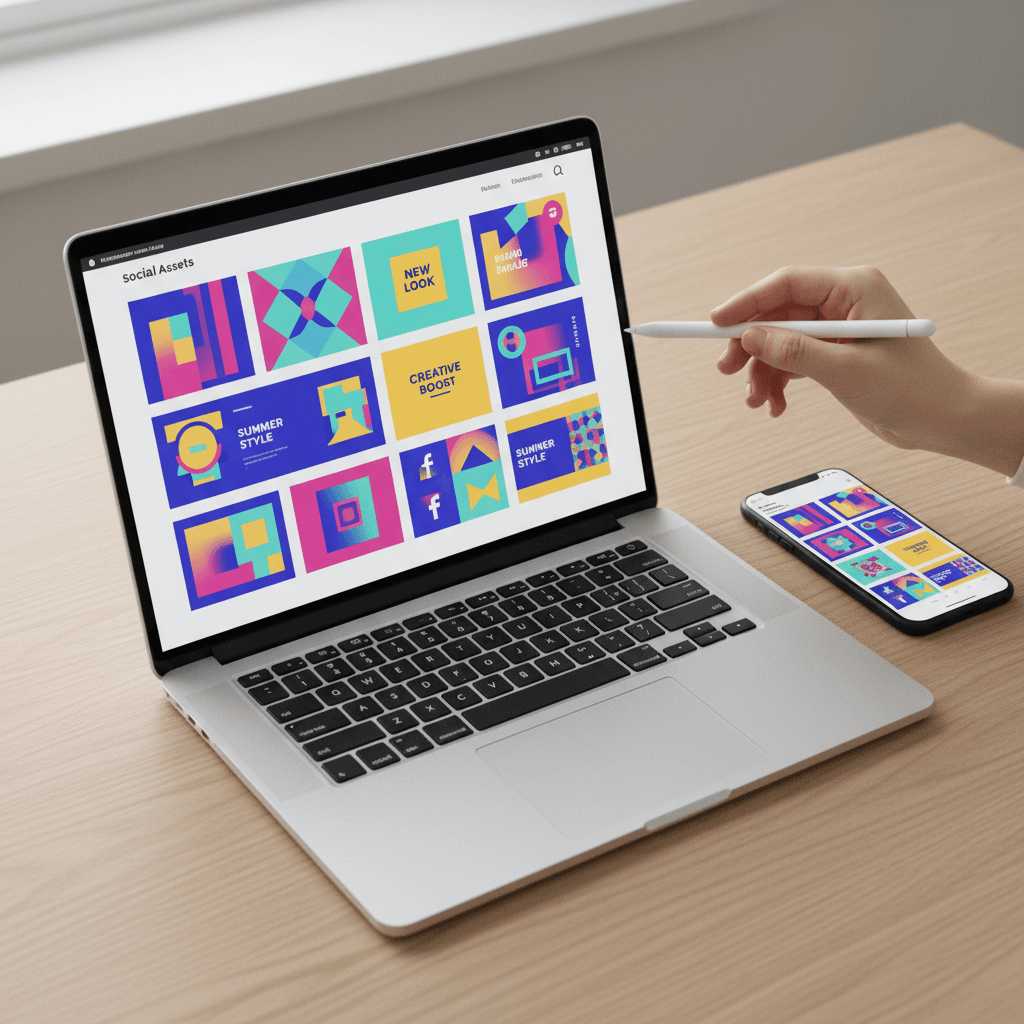 Designer working on social media graphics on a laptop in a bright studio