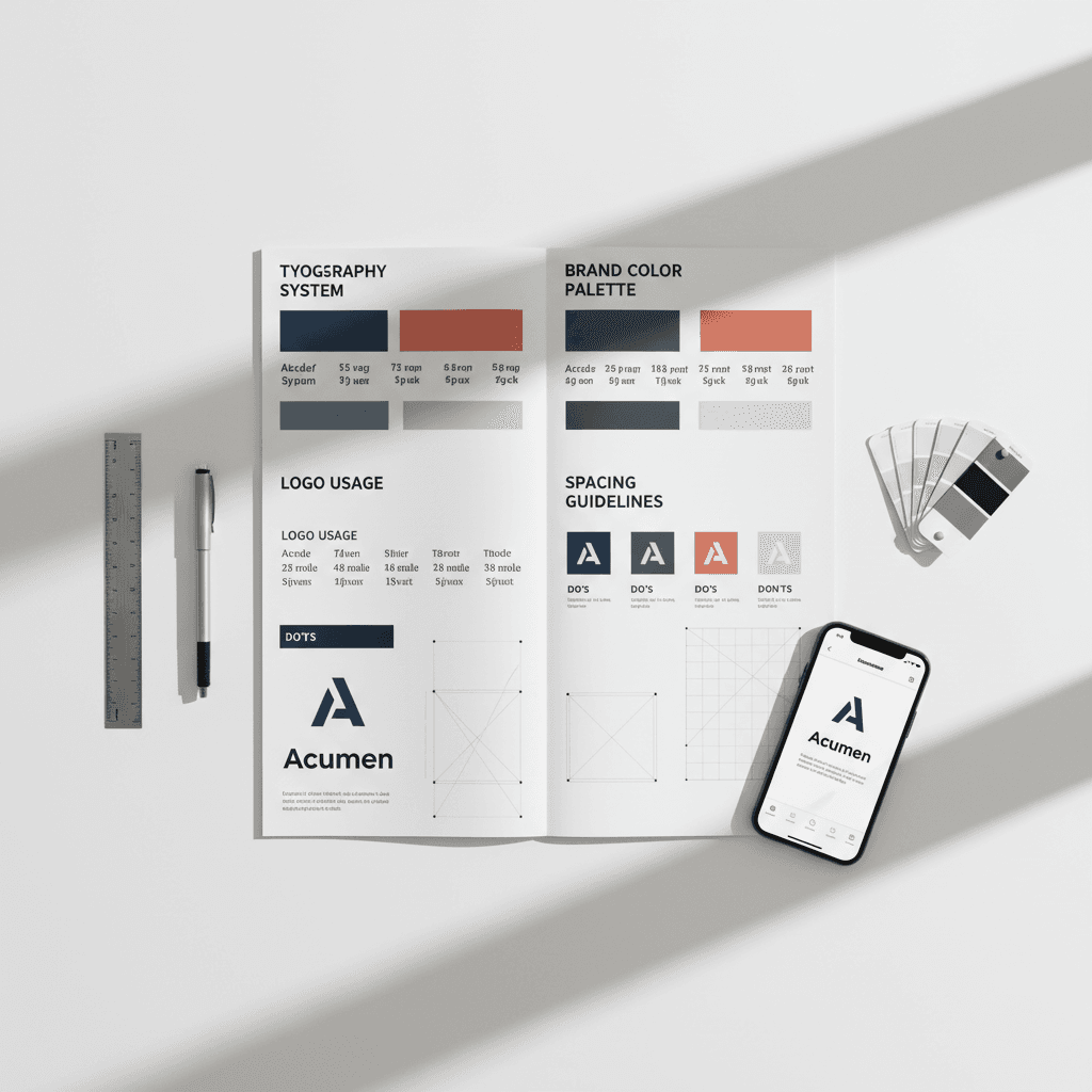 Designer arranging brand guideline pages on a table
